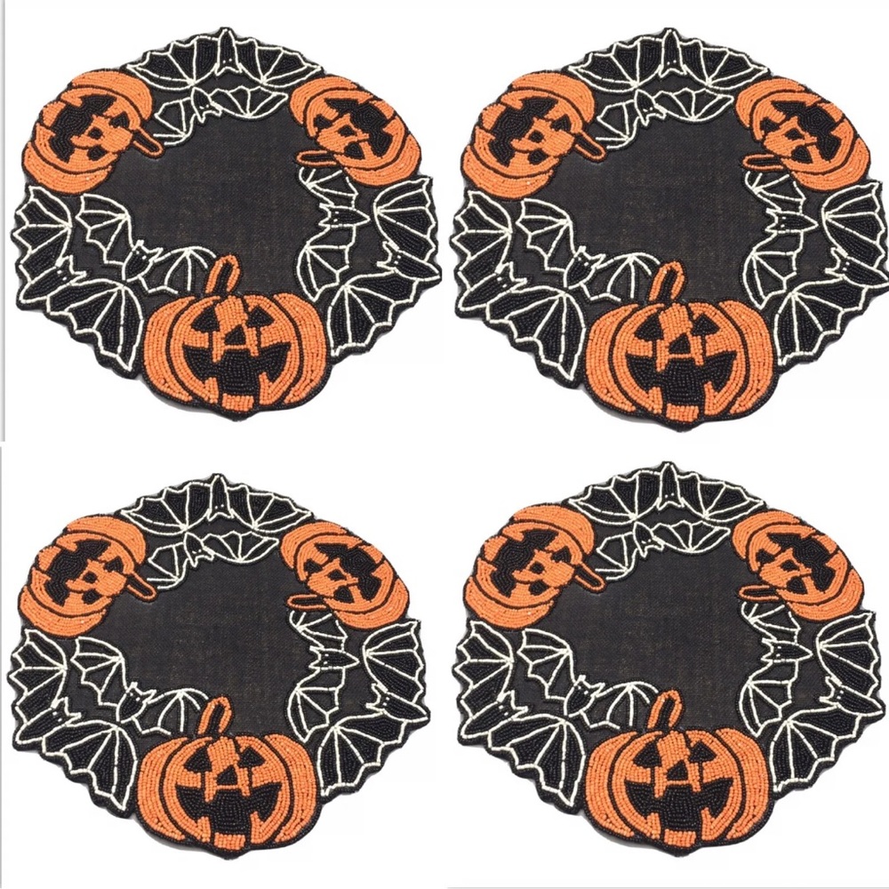 x4 Tahari Halloween Beaded Black Bats Orange Jack-o-Lantern Placemat Set Pumpkin